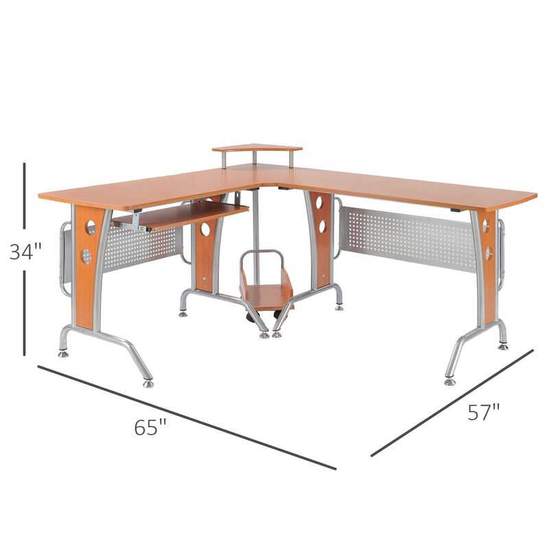 Wooden Gaming Station: Corner L-Shaped Desk with Elevated Shelf & CPU Stand