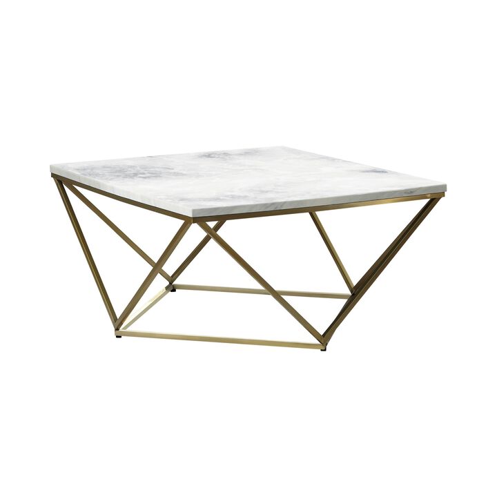 36 Inch Modern Square Coffee Table, White Faux Marble Top, Slender Gold Base-Benzara