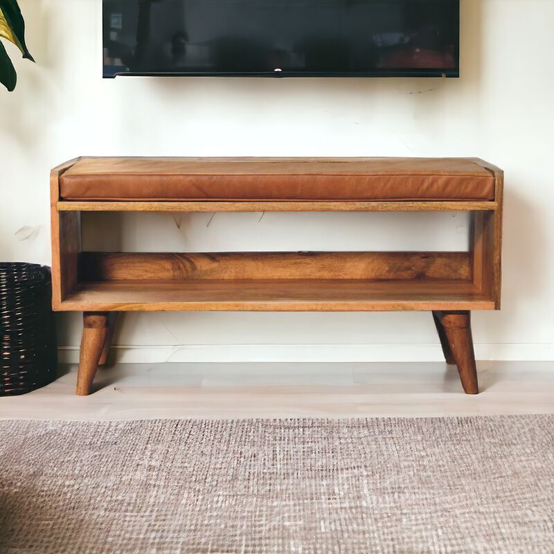 Artisan Furniture  Solid WoodOak-ish Bench with Tan Leather Seat-pad