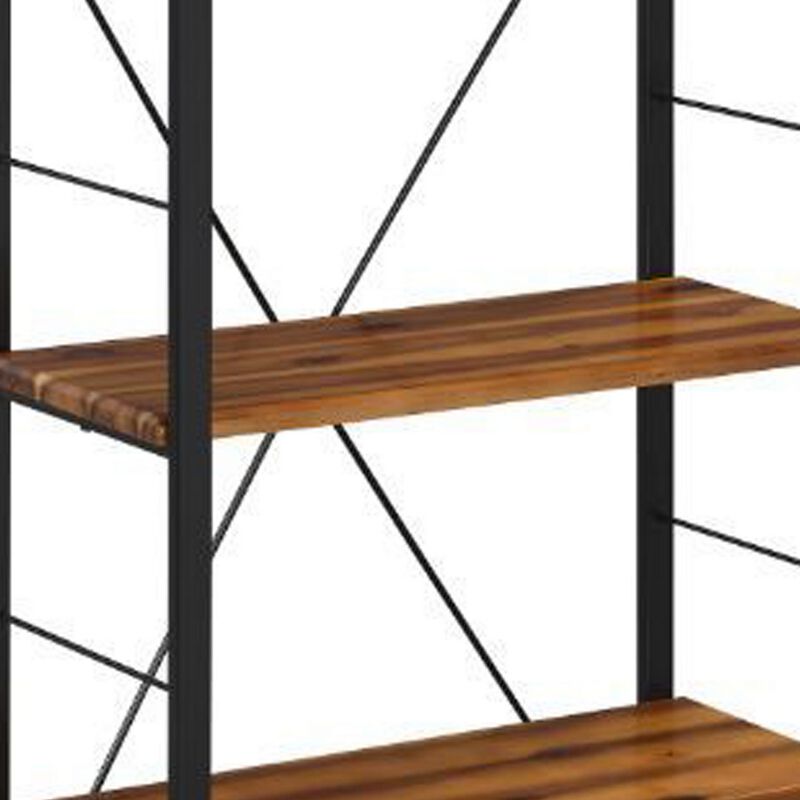 Industrial Bookshelf with 4 Shelves and Open Metal Frame, Brown and Black-Benzara