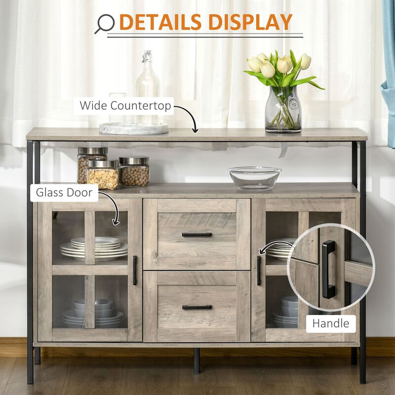Gray Rustic Storage: Kitchen Sideboard with Glass Doors & Drawers