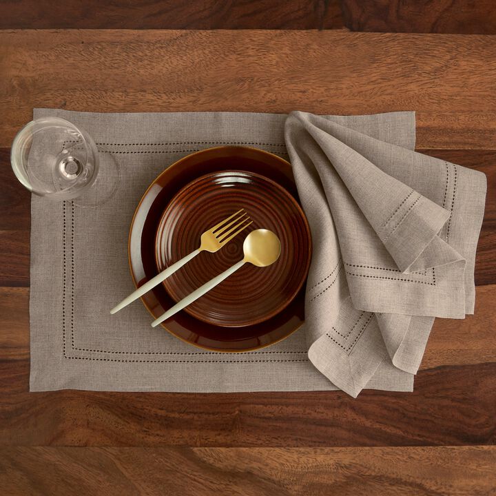 Solino Home 100% Pure Linen Double Hemstitch Placemats Set of 4 -  14 x 19 Inch