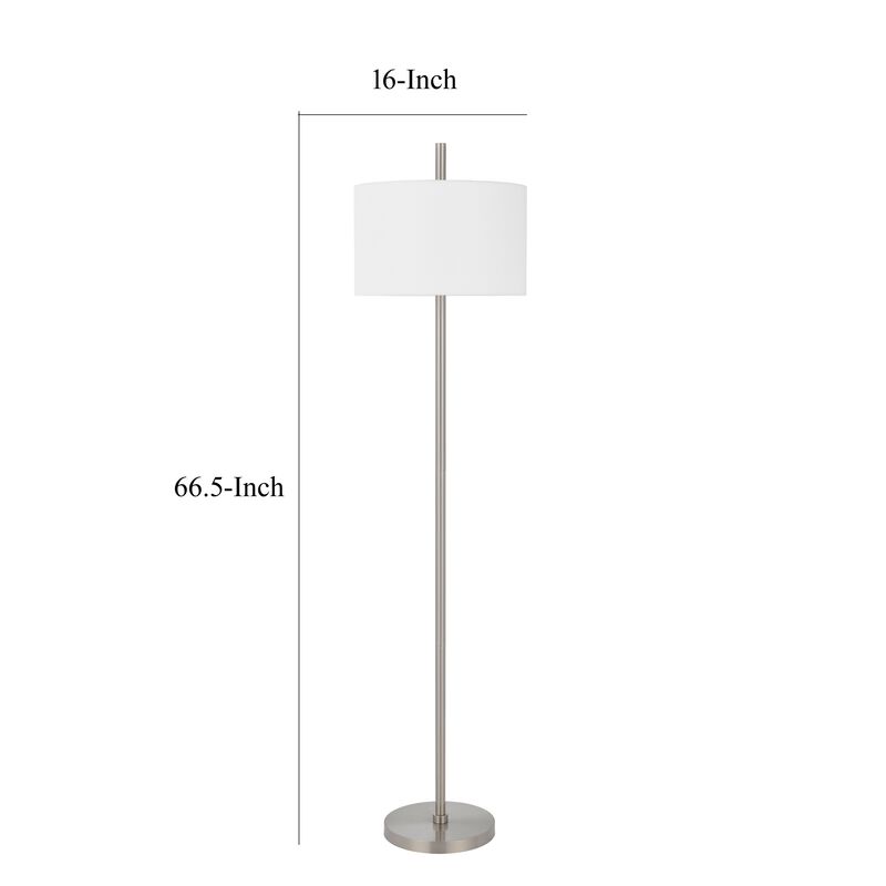 Ano Floor Lamp, Slim Frame, White Drum Shade, Chrome Metal 67 Inch - Benzara