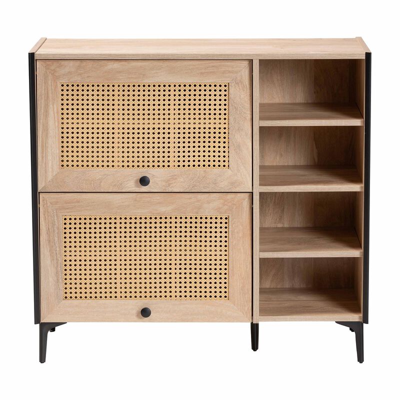 Baxton Studio Malcolm Mid Century Modern Oak Brown Wood Shoe Cabinet with Flipper Doors