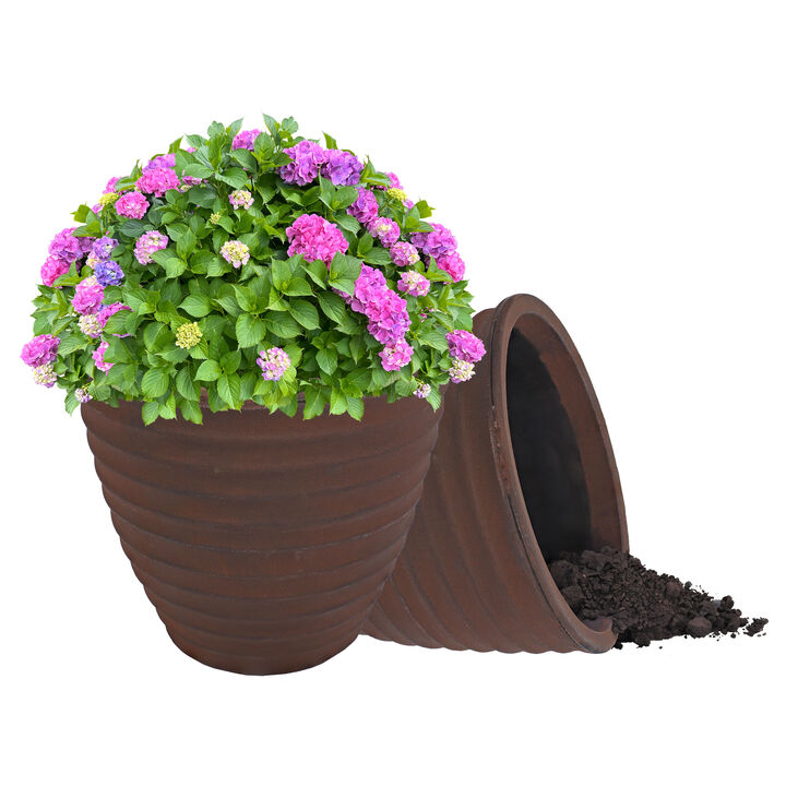 Sunnydaze 13 in Ribbed Polyresin Outdoor Planter - Rust - Set of 2