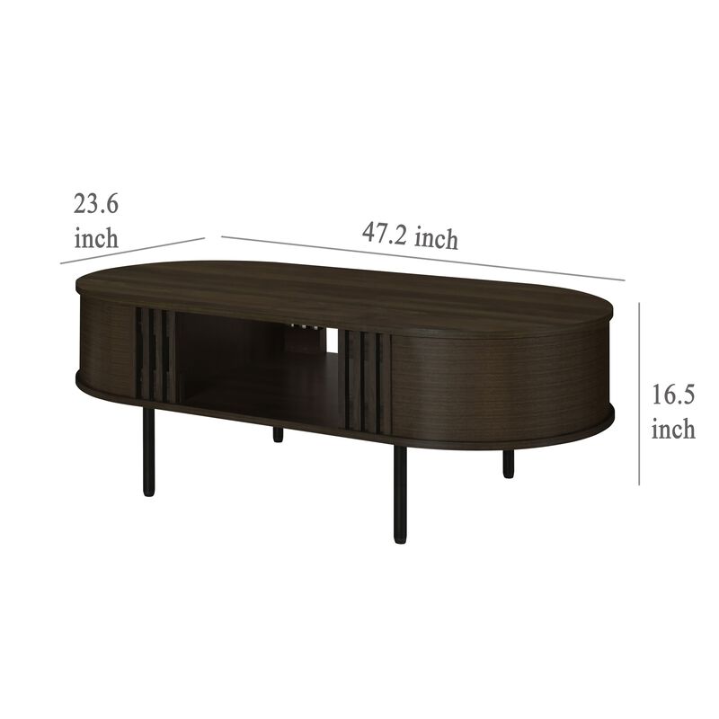 Brandon Cocktail Coffee Table with Inner Shelf, Oval Walnut Brown Wood - Benzara