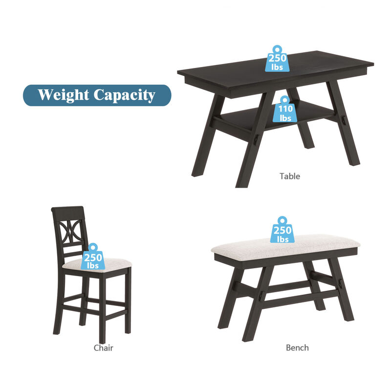 6-Piece Wood Counter Height Dining Table Set with Storage Shelf