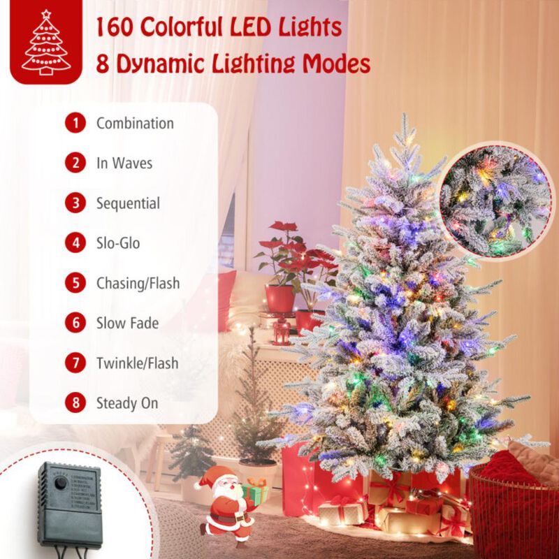 Hivvago 4.5/6/7 Feet Flocked Christmas Tree with 8 Lighting Modes and Multi-Color LED Lights