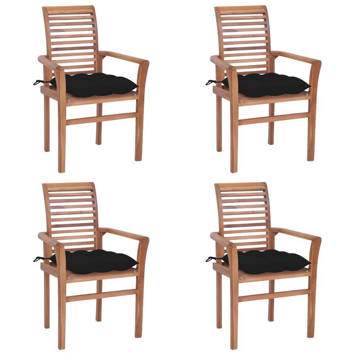 Lima Outdoor Dining Side Chair Set of 4, Brown Teak Wood, Black Fabric - Benzara