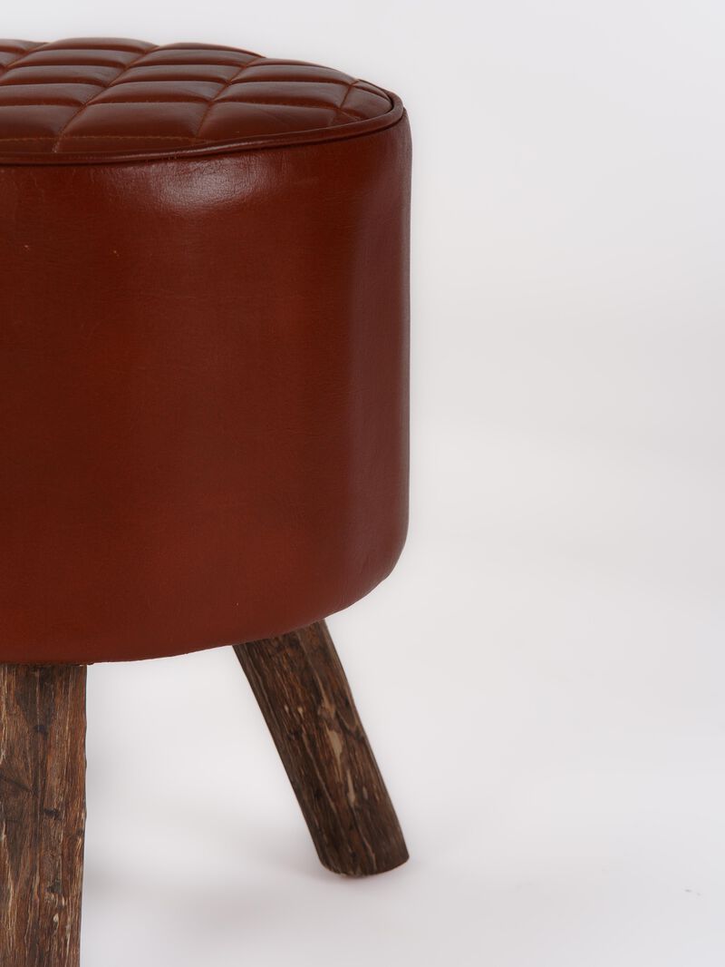 Handmade Eco-Friendly Geometric Buffalo Leather & Wood Black Round Ottomon Stool 18"X14"x14" From BBH Homes