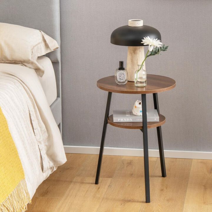 Hivvago 2-Tier Round End Table with Open Shelf and Triangular Metal Frame