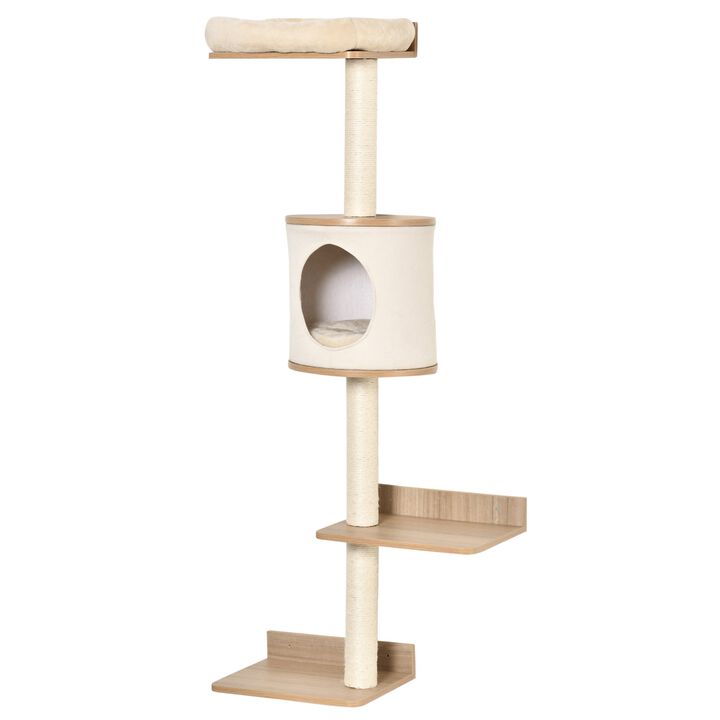 Light Brown Cat Tower: 4-Level Wall-Mounted Activity Tree with Sisal