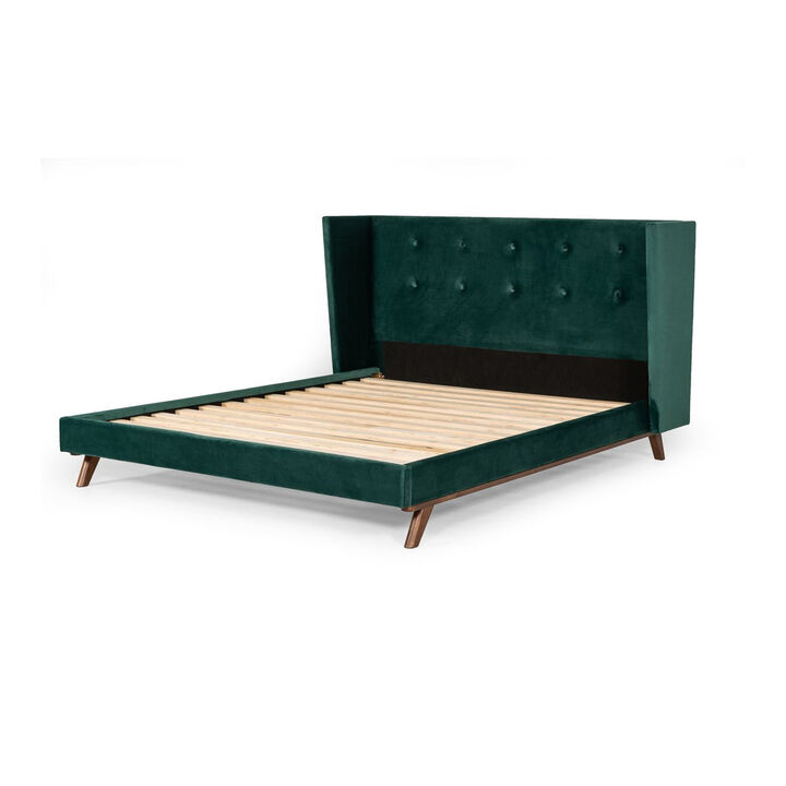 Dury King Size Platform Bed, Green Velvet Upholstery, Tufted Wingback - Benzara