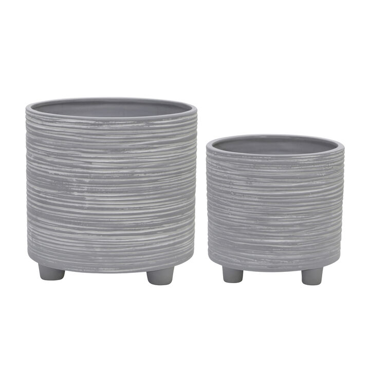 Footed Planter with Lines Gray