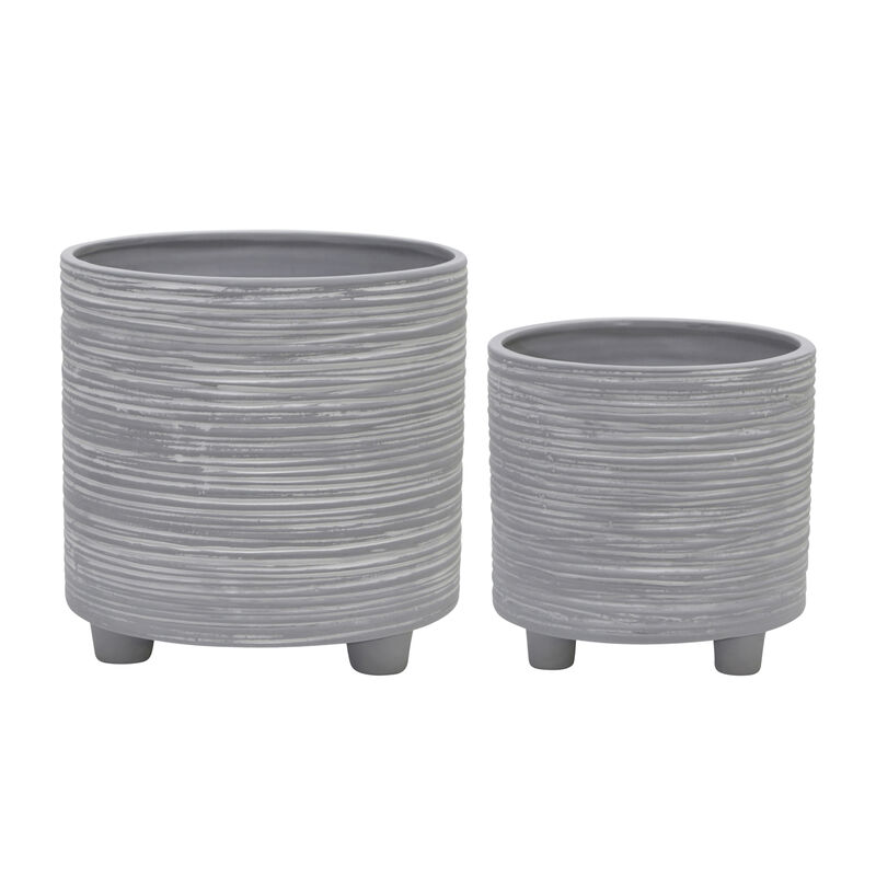 Footed Planter with Lines Gray