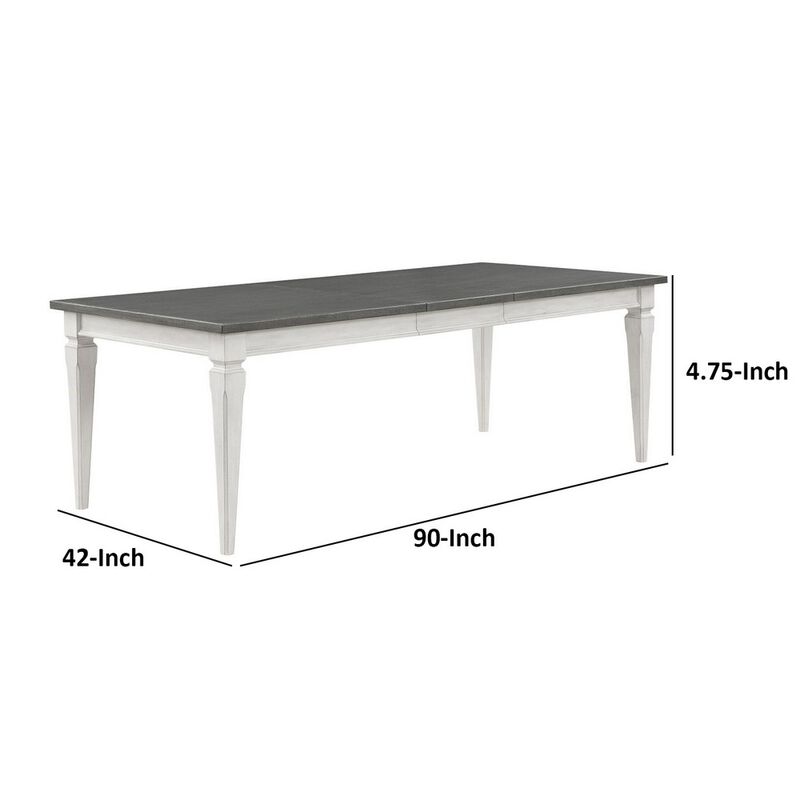Kate 72-90 Inch Dining Table, Gray Extendable Rectangular Top, White Wood - Benzara
