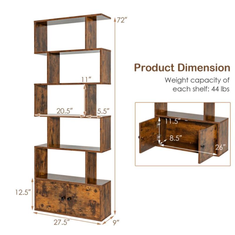 Hivvago 6-Tier S-Shaped Freestanding Bookshelf with Cabinet and Door