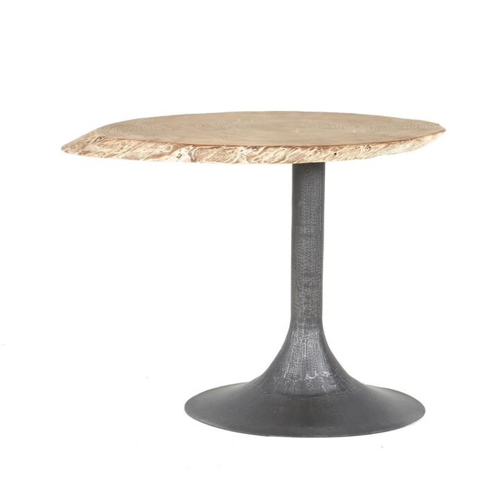 Lume Side End Table with Metal Trumpet Base, Gray Washed Live Edge Top - Benzara