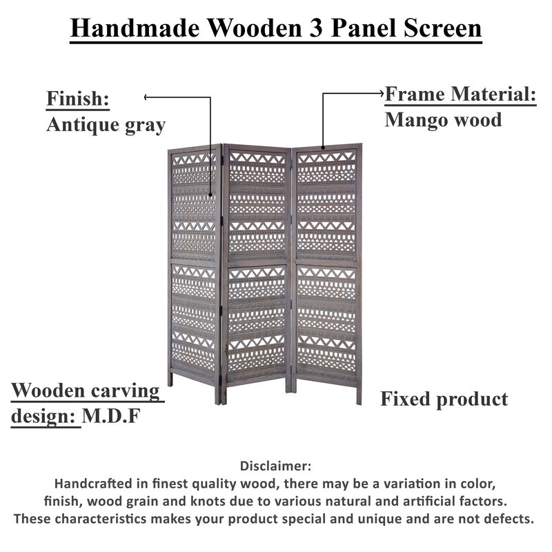 Karma 3 Panel Folding Room Divider Screen, Antique Gray Mango Wood, Inticate Cut out Geometric Design