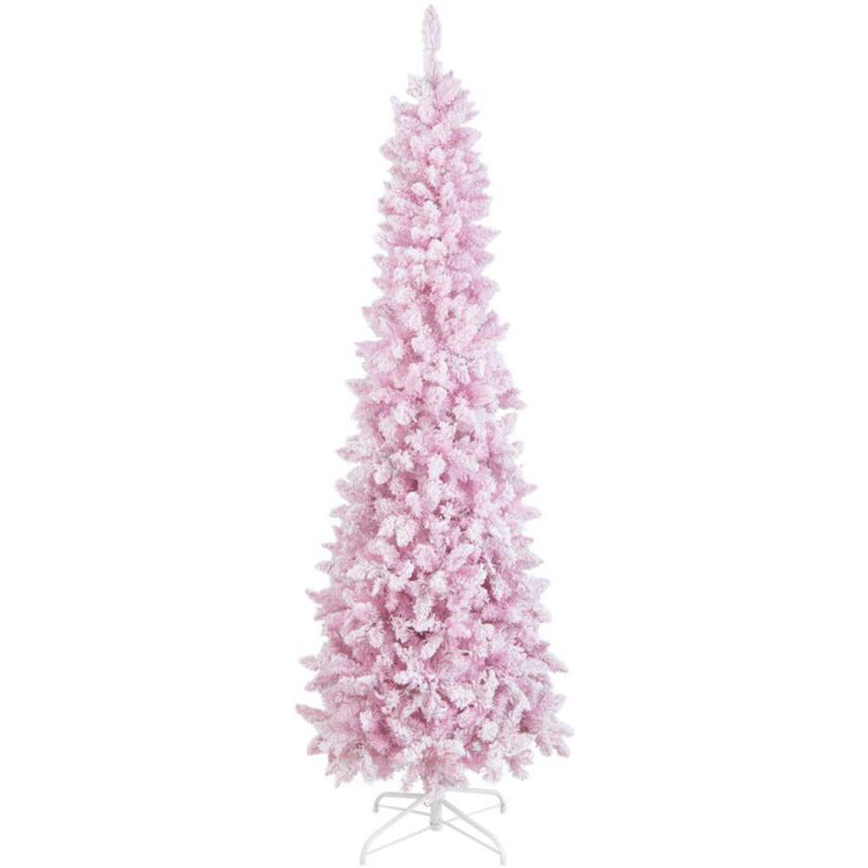 Hivvago 7 Feet Pre-Lit Snow Flocked Hinged Pencil Christmas Tree with 300 Lights and 8 Modes