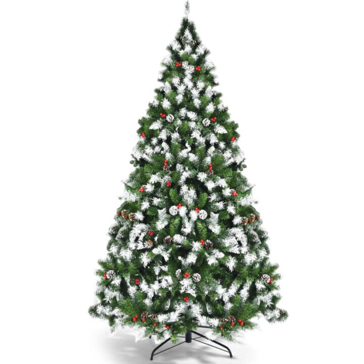 Hivvago Pre-lit Snow Flocked Christmas Tree with Red Berries and LED Lights-6 ft