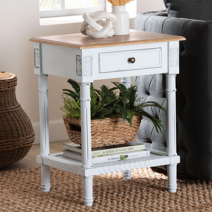 Baxton Studio Legrand Classic French Two Tone White and Natural Brown 1 Drawer End Table