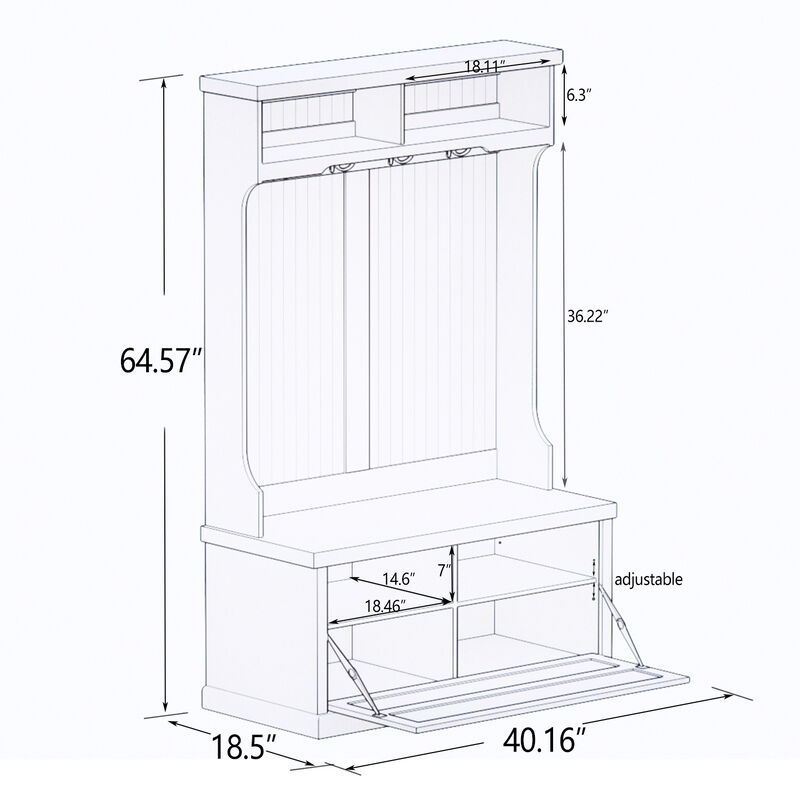 White Wood Hall Tree with Bench Shoe Cabinet