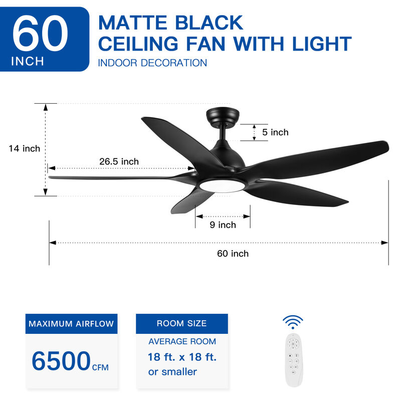 60 In Integrated LED Ceiling Fan Lighting With Black Abs Blade