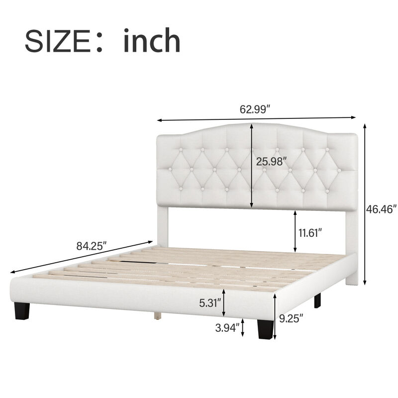 Upholstered Platform Bed With Saddle Curved Headboard And Diamond Tufted Details, Queen