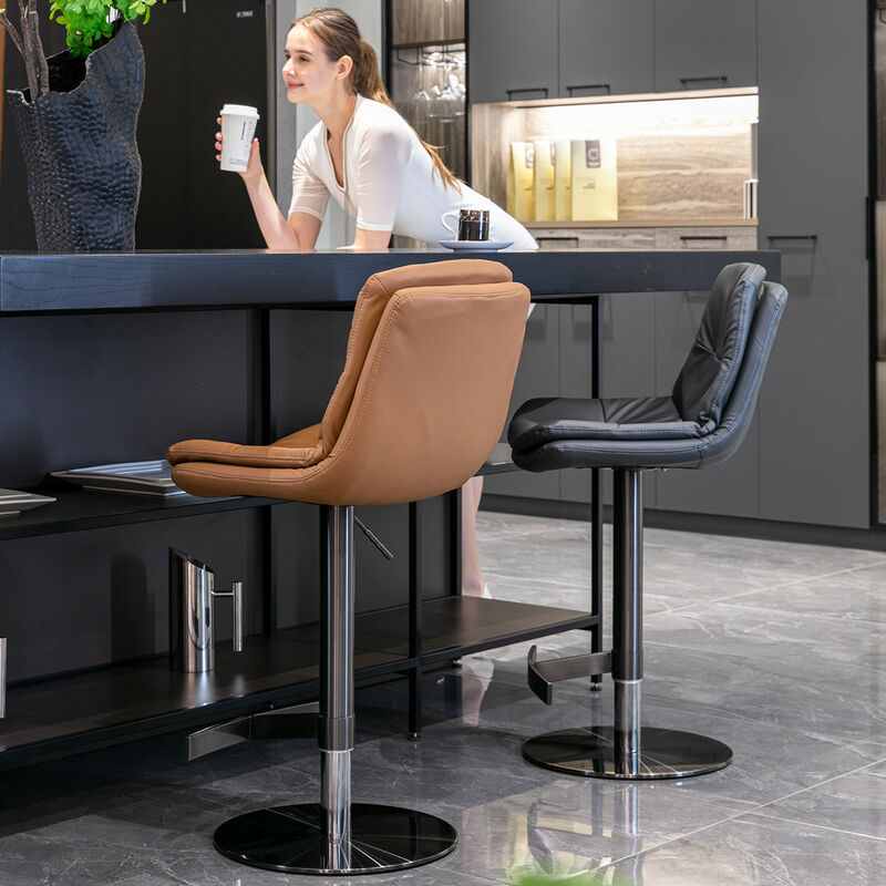 Black Titanium Swivel Bar Stools with Faux Leather Backrest