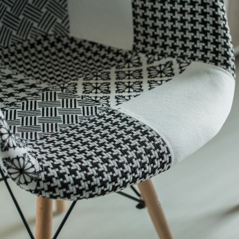 Mid-Century Modern Style Fabric Lined Armchair with Beech Wooden Legs, Black and White