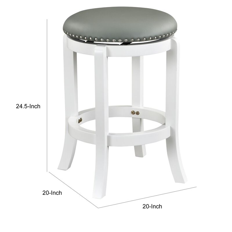 Ovi 25 Inch Backless Swivel Counter Stool, Gray Faux Leather, Nailhead Trim - Benzara