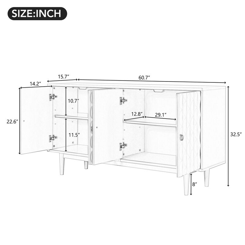 Clihome Modern 4-door Sideboard with Convex Pattern Doors and 2 Silver Handle for Living Room, Dining Room, Kitchen (Navy)