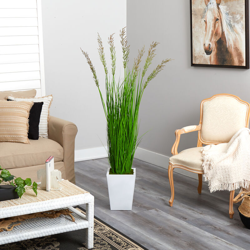 Hivvago 64" Wheat Grass Artificial Plant in White Metal Planter
