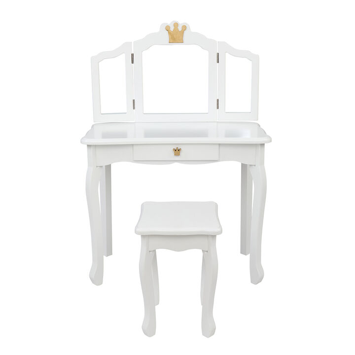 Children's Wooden Dressing Table, Crown-Style Vanity with Three-Sided Folding Mirror & Single Drawer Children's Wooden Dressing Table, Crown-Style Vanity with Three-Sided Folding Mirror & Single Drawer