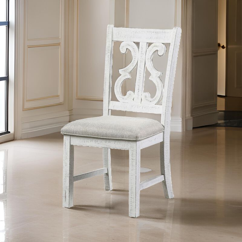 Open Scroll Back Wooden Side Chair with Padded Seat, Set of 2, White - Benzara