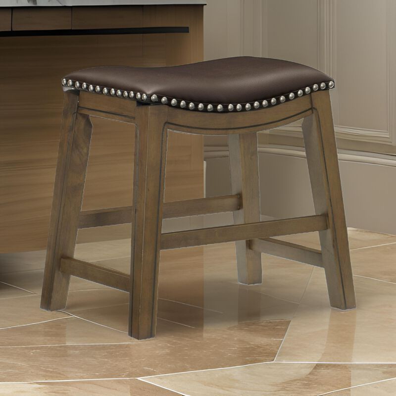 Miel 20 Inch Dining Stool, Brown Faux Leather, Brown Solid Wood, Nailheads - Benzara