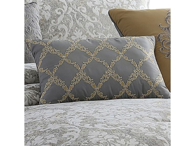 9 Piece King Polyester Comforter Set with Medallion Print, Gray and Gold - Benzara