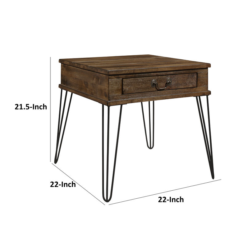 Itti 22 Inch Square Side End Table, 1 Drawer, Brown Solid Wood, Black - Benzara