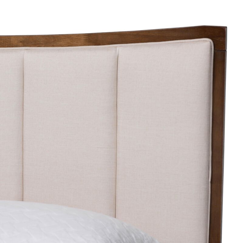 Baxton Studio Nikolai Mid Century Channel Tufted Beige Fabric and Wenge Brown Wood Queen Bed