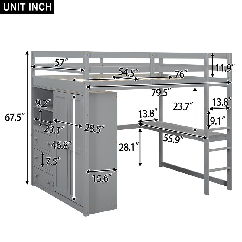 Merax Modern Loft Bed with Built-in Wardrobe and Desk