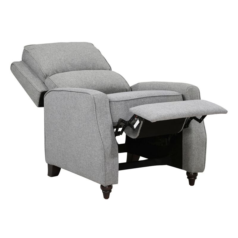 Isac 37 Inch Push Back Recliner Chair, Gray Polyester, Brown Solid Wood  - Benzara