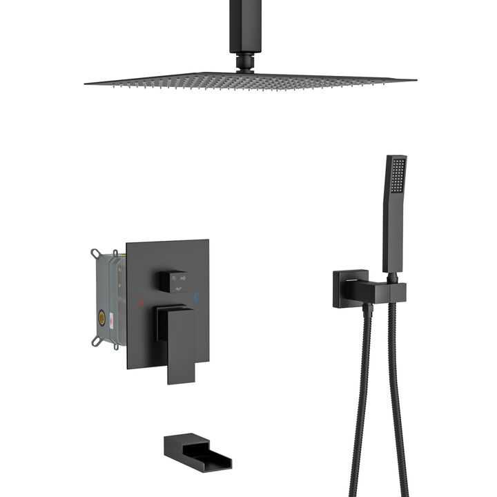 12" Rain Shower Head Systems With Waterfall Tub Spout, Matte, Ceiling Mounted Shower