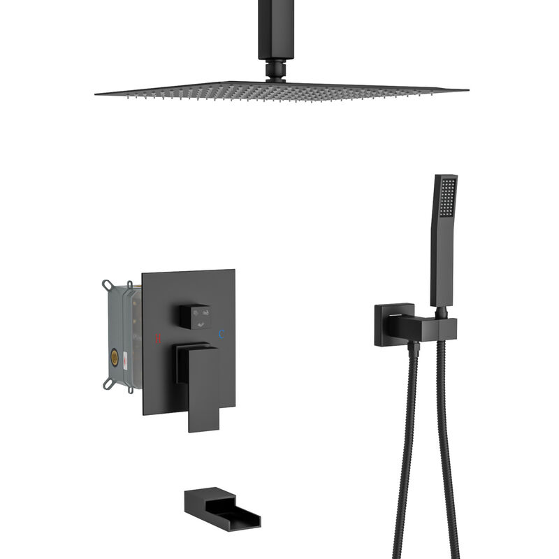 16" Rain Shower Head Systems With Waterfall Tub Spout, Matte, Ceiling Mounted Shower