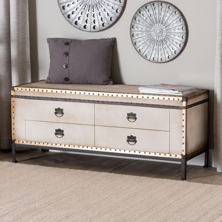 Baxton Studio Heaton Vintage Weathered White Canvas 4 Drawer Storage Bench