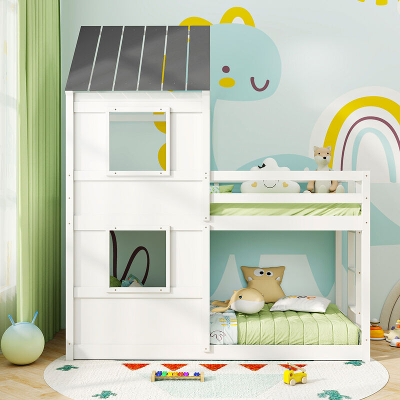 Wooden Bunk Bed with Full-length Safety Guardrail and Ladder