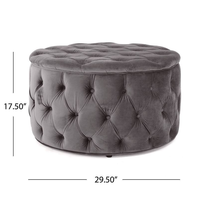 Keja Ottoman, Tufted Dark Gray Velvet, Soft Cushioning, Round 30 Inch - Benzara