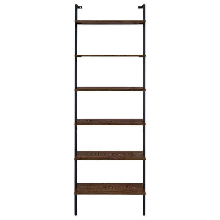Wens Wall Mounted Bookcase Unit, 6 Open Shelves, Black Metal, Brown - Benzara