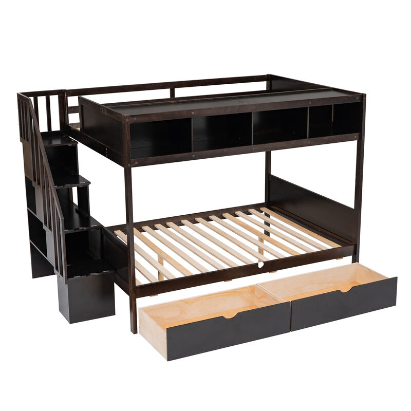 Twin Over Full Bunk Bed With Shelfs, Storage Staircase And 2 Drawers, Espresso