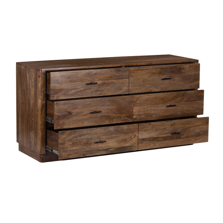 Tao Dresser with 6 Drawers, 60 Inch Wide, Handcrafted Walnut Brown Mango Wood